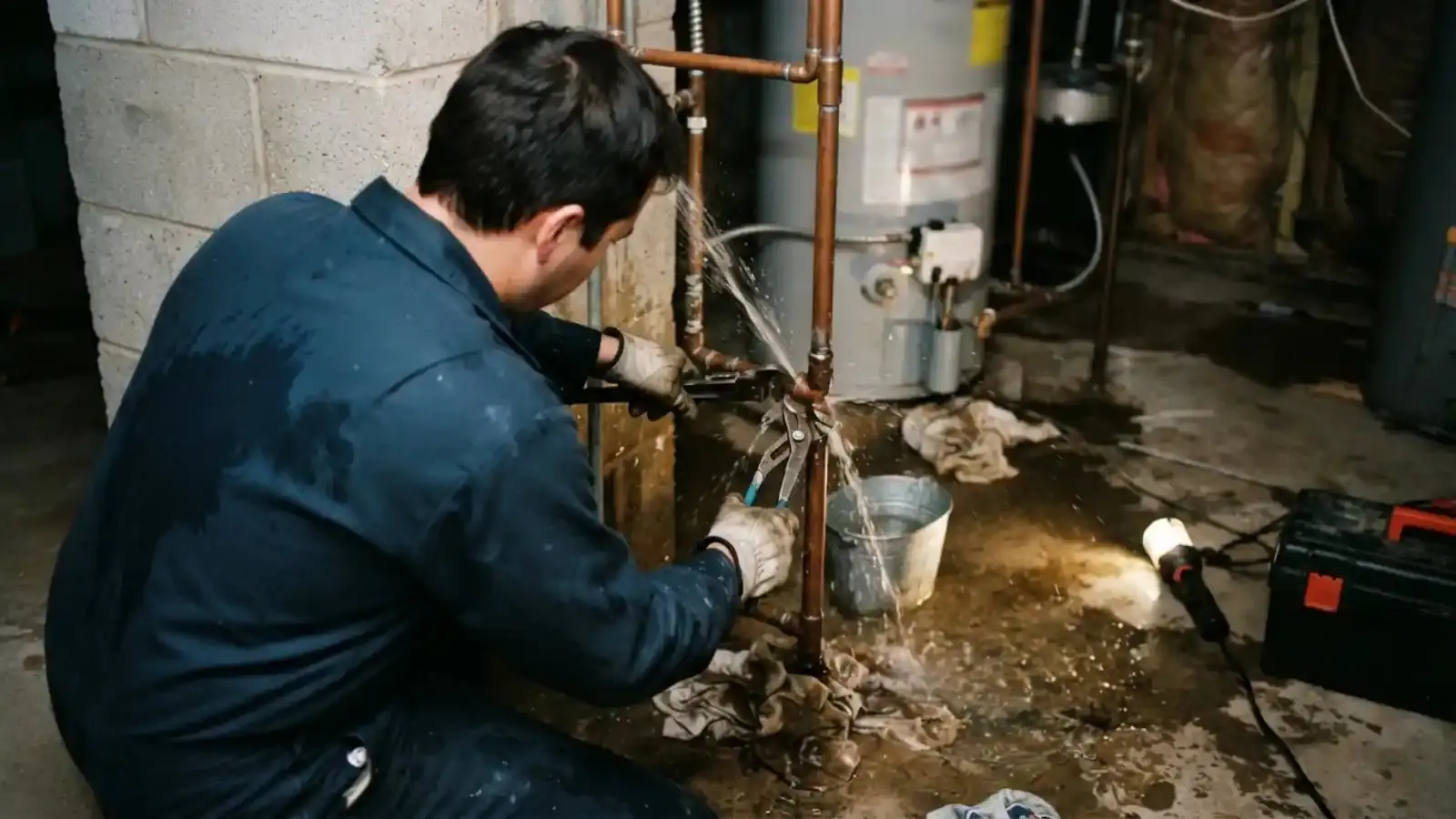 Plumber working on a spraying copper pipe in a basement with a bucket and work light on the floor