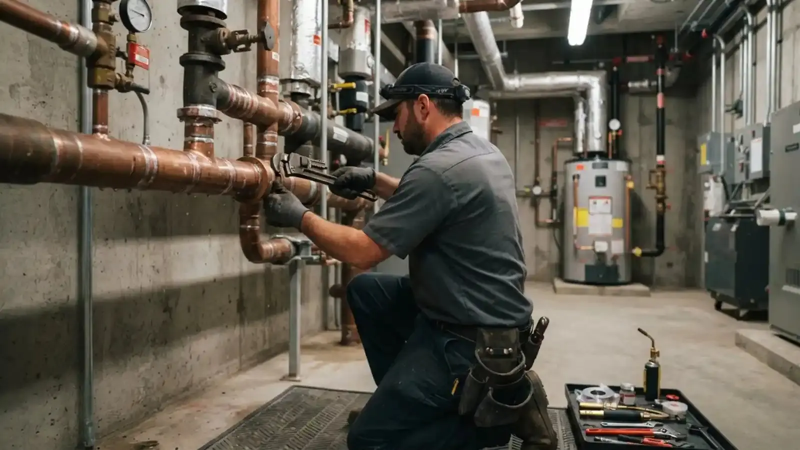 Plumber with a wrench working on large copper piping in a commercial mechanical room with a water heater