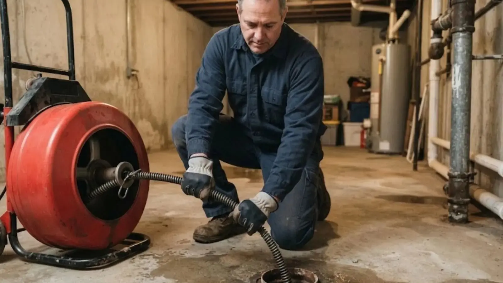 Plumber guiding a drain cable from a red cable machine into a basement floor drain