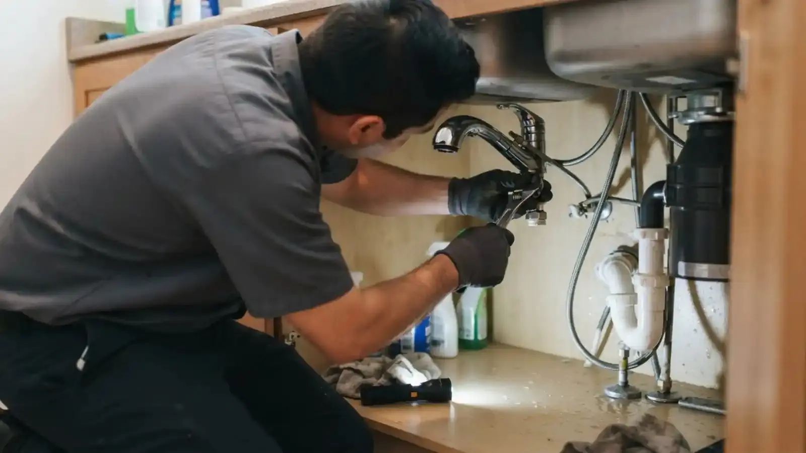 Plumber under a kitchen sink tightening a faucet supply with a flashlight beside the disposal