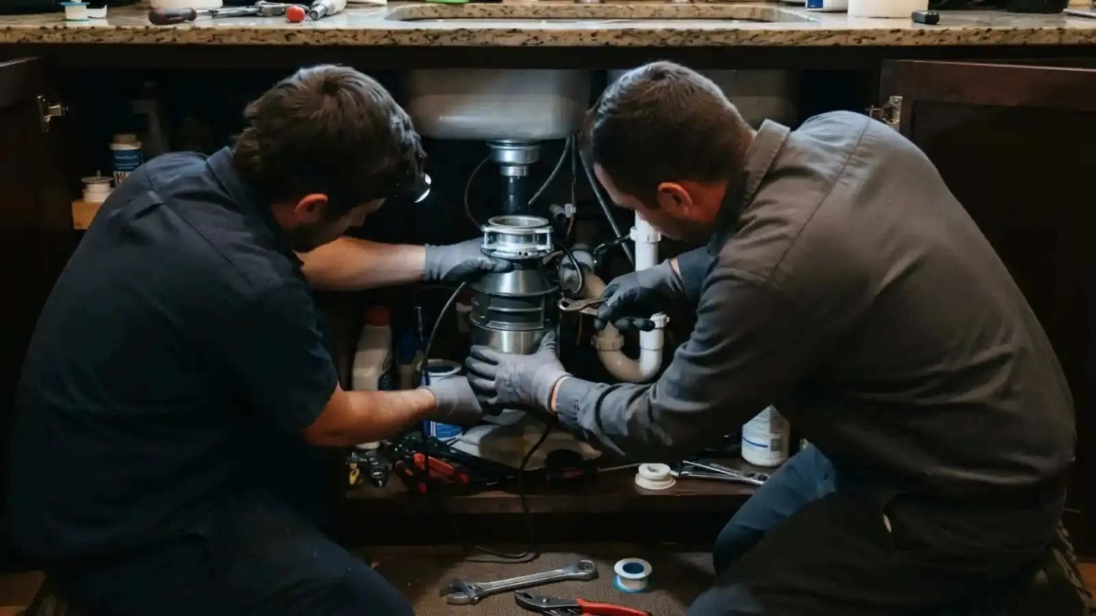 Two plumbers working on a garbage disposal under a kitchen sink