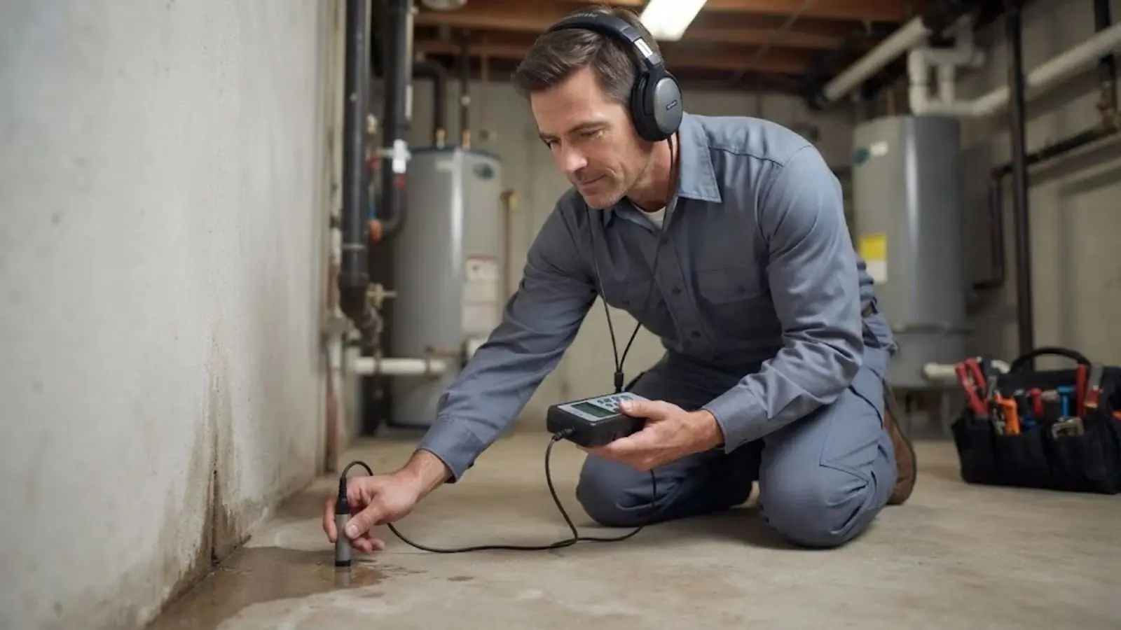 Technician with headphones holding an acoustic leak detector against a basement floor beside a water heater