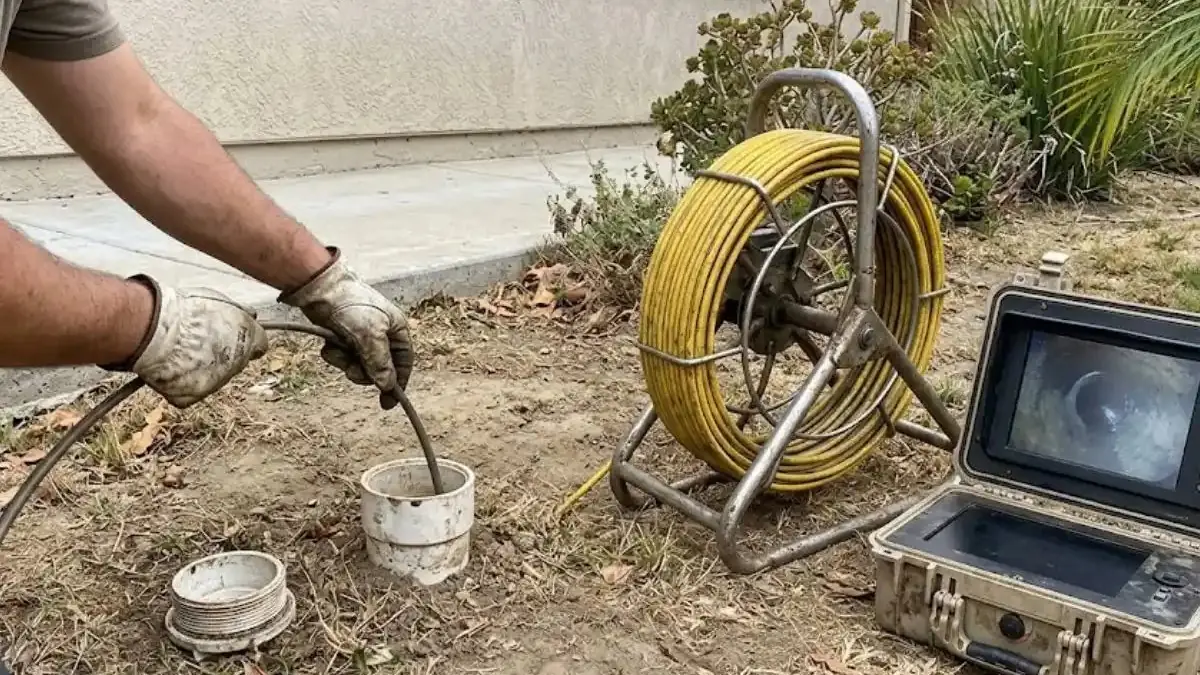 Sewer camera reel and monitor on a lawn while a technician feeds the camera into a capped cleanout