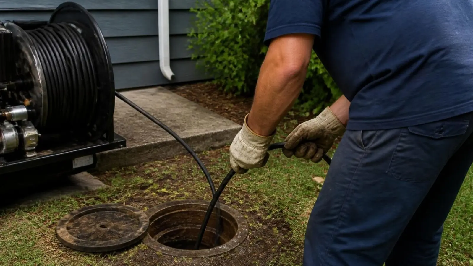Plumber feeding a cable from a trailer-mounted machine into an open yard sewer cleanout