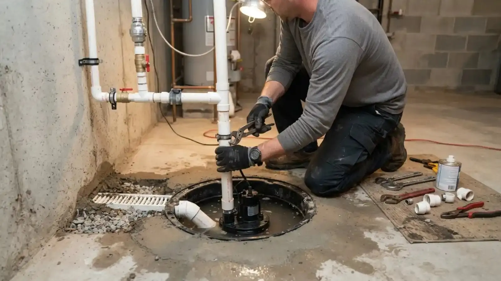 Plumber tightening discharge piping on a sump pump in a basement pit next to a perimeter drain