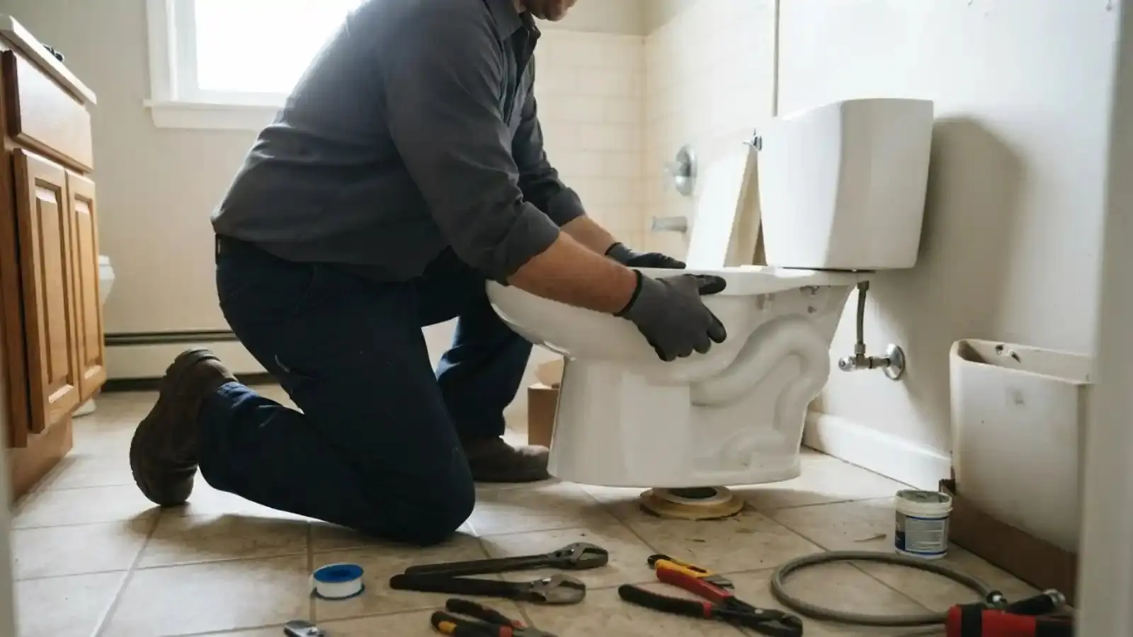 Plumber kneeling in a bathroom setting a toilet bowl over the floor flange with tools laid out on the tile