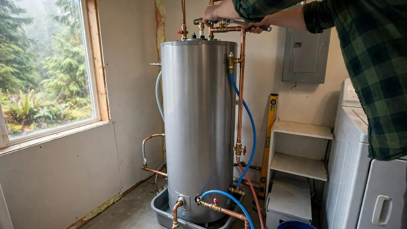 Water heater standing in a drain pan in a utility room with copper pipes being connected overhead