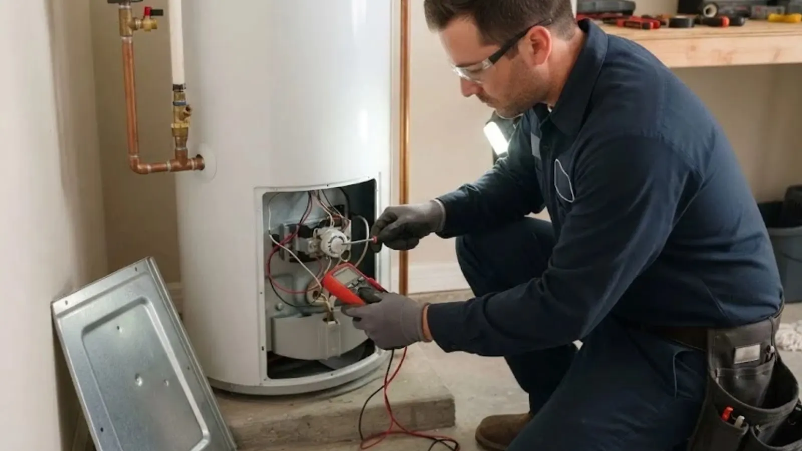 Technician testing the wiring of a tank water heater with a meter beside the removed access panel