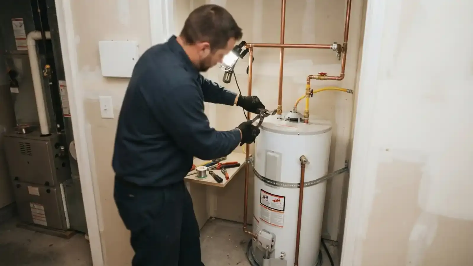 Plumber connecting a water heater inside a utility closet next to a furnace