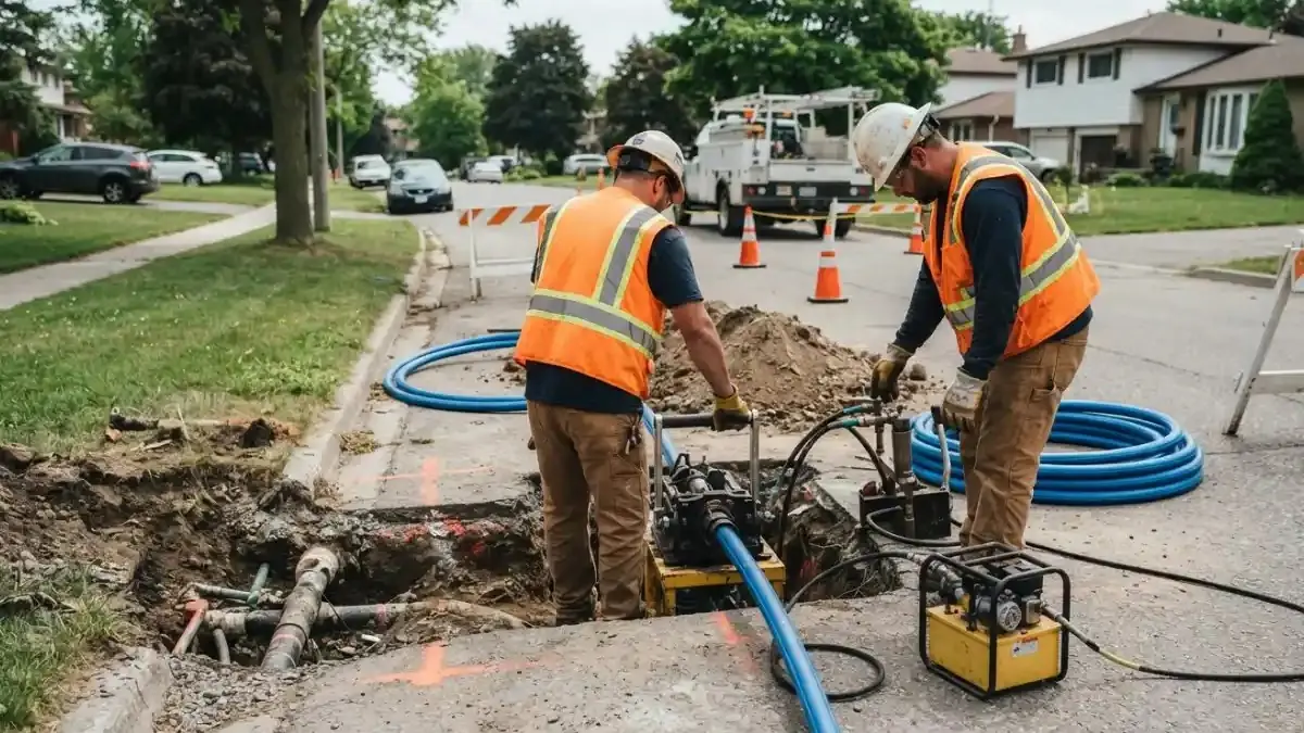 Utility crew in safety vests working in a trench at the curb with blue service line coiled on a residential street